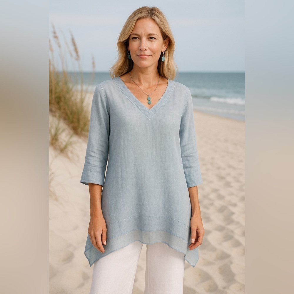 Elemente Clemente Womens Linen Tunic Top Sz 0 XS Pale Blue Coastal Lagenlook